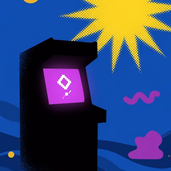 High-contrast arcade cabinet glowing in a dark room